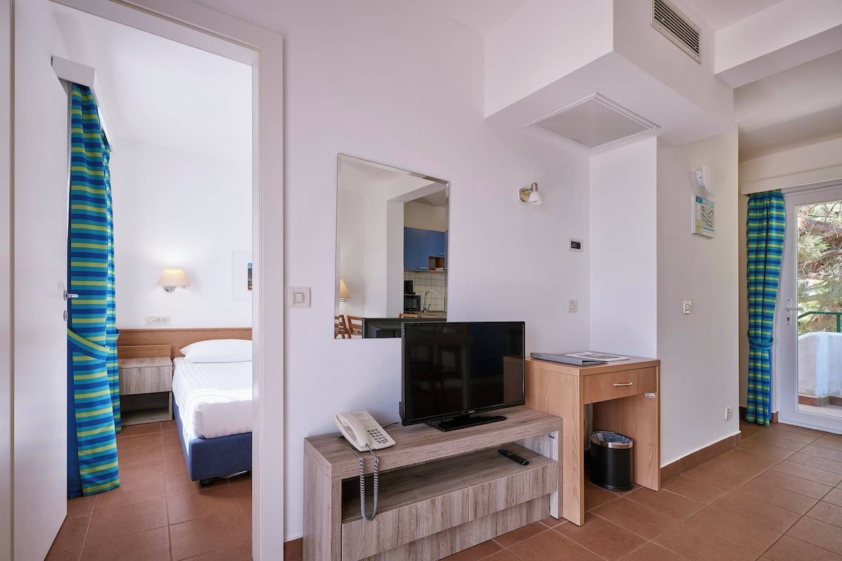 Habitación de hotel con cama, televisión, escritorio y baño visible a través de una puerta abierta.