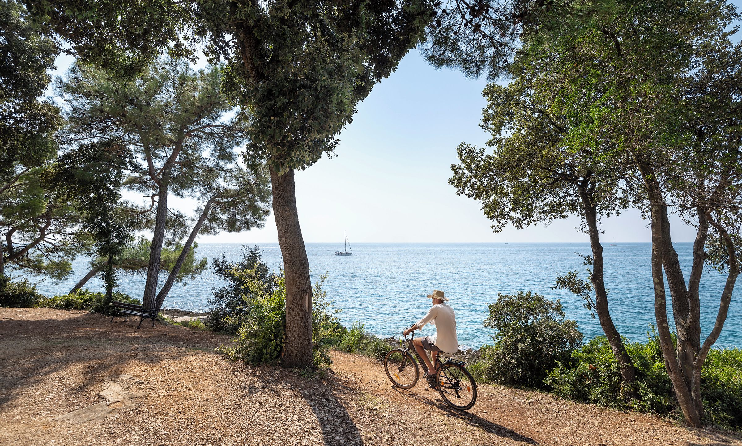 A person riding a bicycle on a dirt path with trees and a view of the sea.