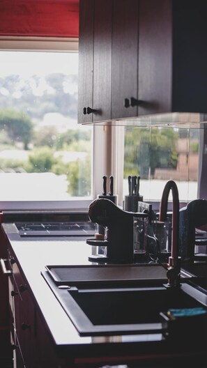 Fridge, oven, stovetop, coffee/tea maker