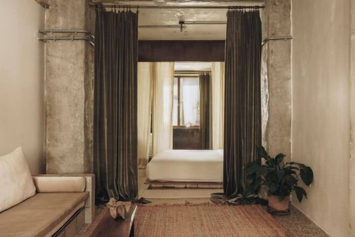 Un pasillo estrecho con una cama al final, un sofá y una planta en maceta.