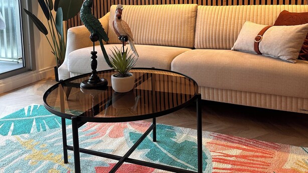 A modern living room with a sofa, a coffee table, and a potted plant.