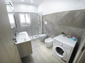 Shower, hair dryer, bidet, towels