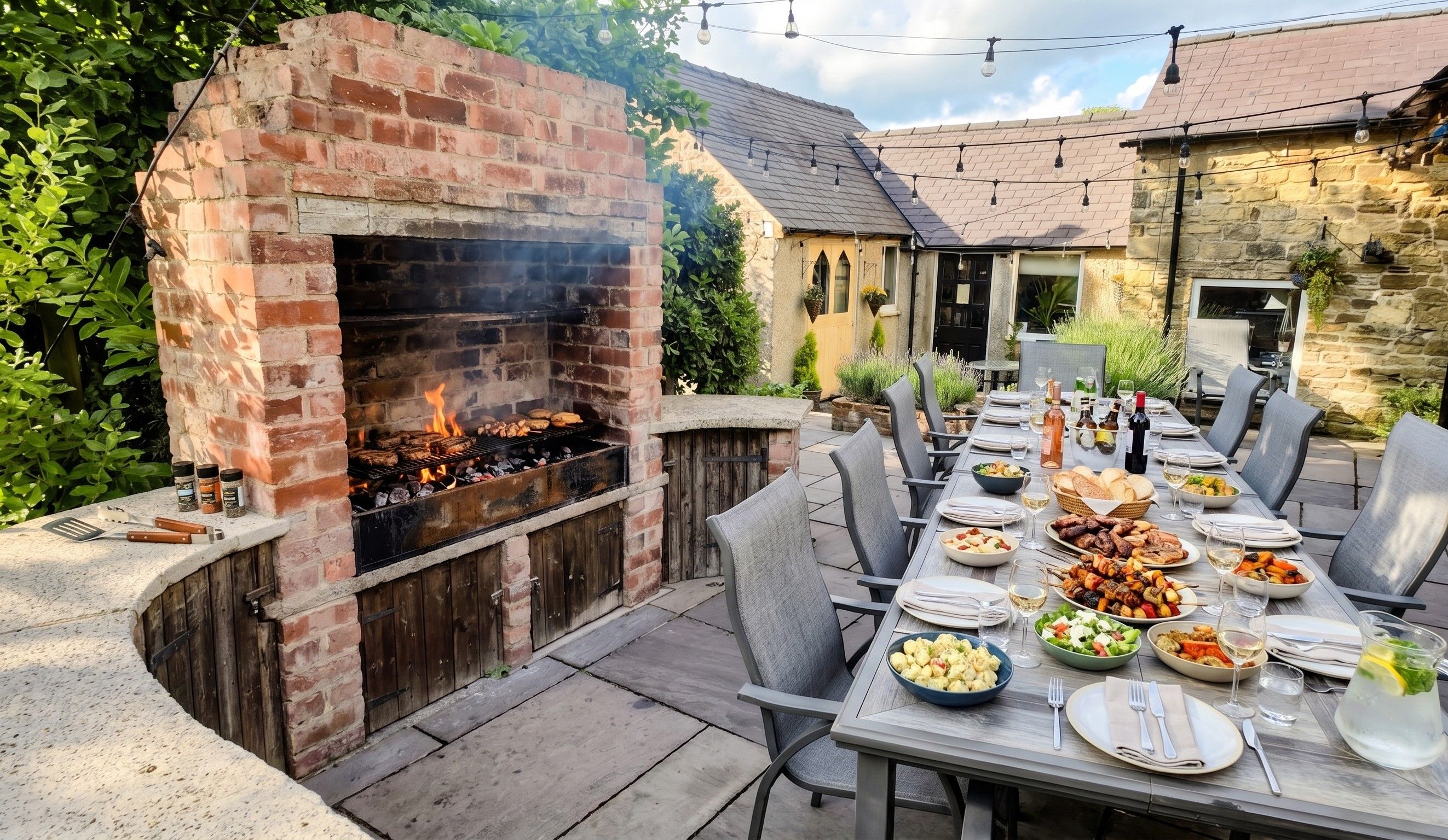 An outdoor dining area with a brick barbecue grill, surrounded by stone walls and a wooden fence.