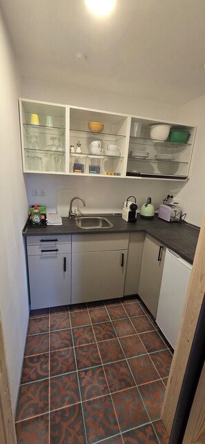 Fridge, microwave, stovetop, coffee/tea maker