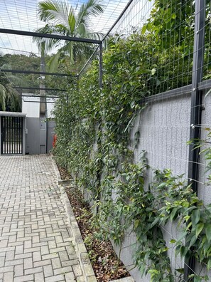 A paved walkway with a metal fence and vegetation. - Apartamentos Bora Bora Hospedagens (Joinville)