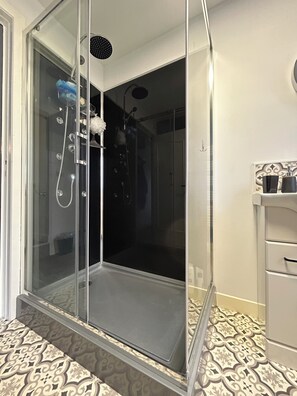 Shower, hair dryer, towels, toilet paper