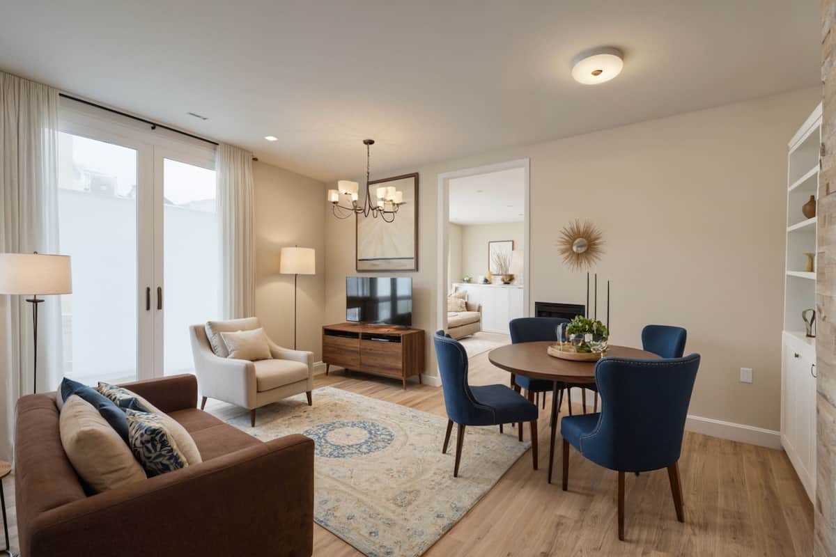 A modern living room with a sofa, chairs, a coffee table, and a TV.