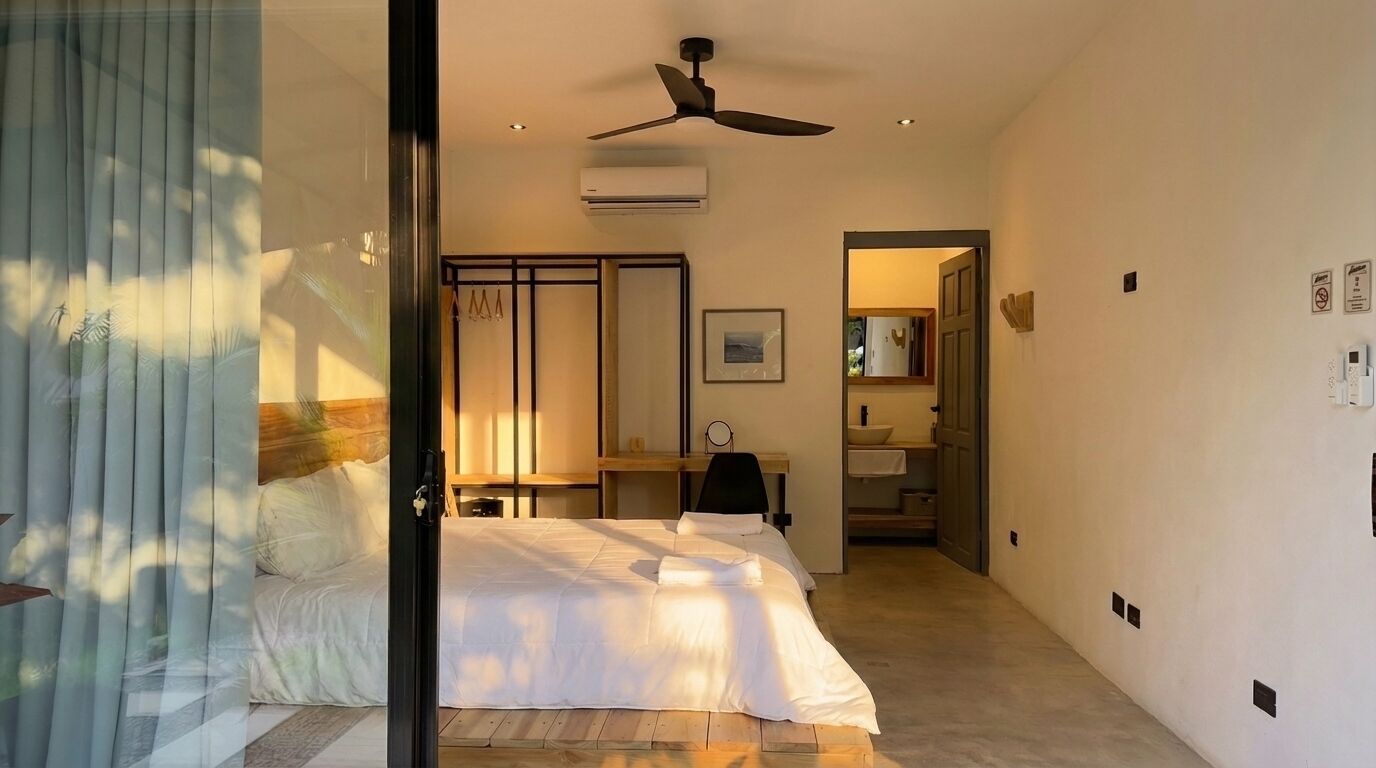 Ett hotellrum med en säng, ett skrivbord, en stol, en takfläkt, en luftkonditionering och ett badrum som syns genom en öppen dörr.