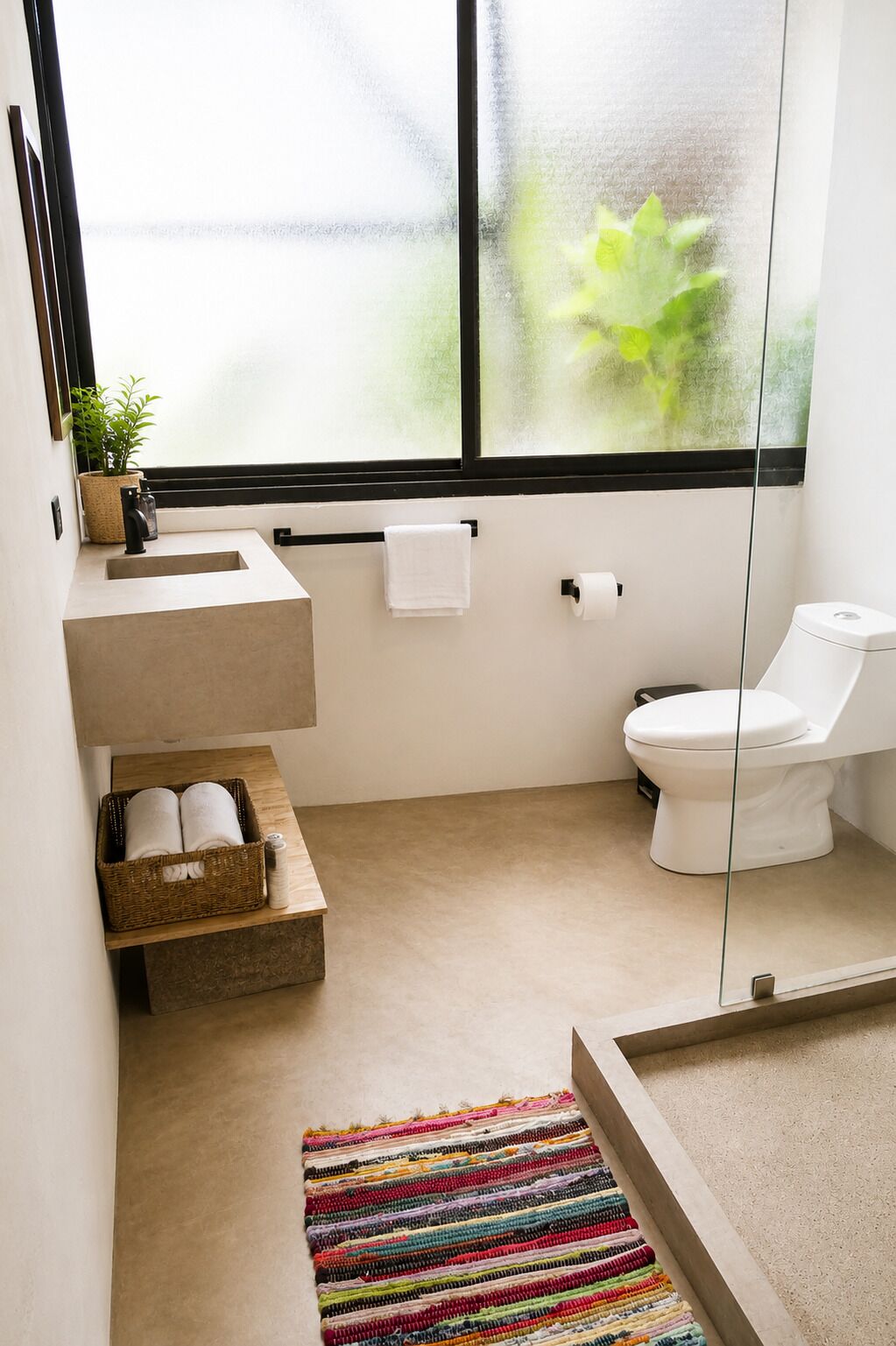 Un baño moderno con un ventanal grande, un lavamanos, un inodoro y un estante pequeño con toallas.