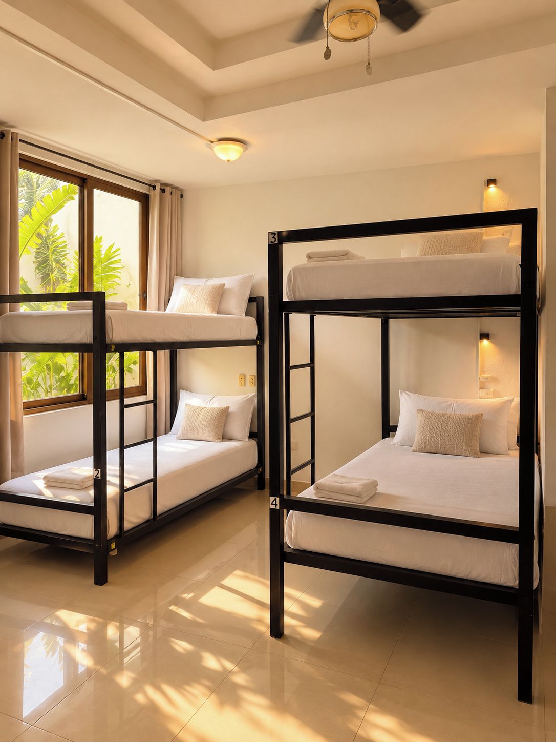 A hotel room with bunk beds, a window with curtains, and a ceiling fan.