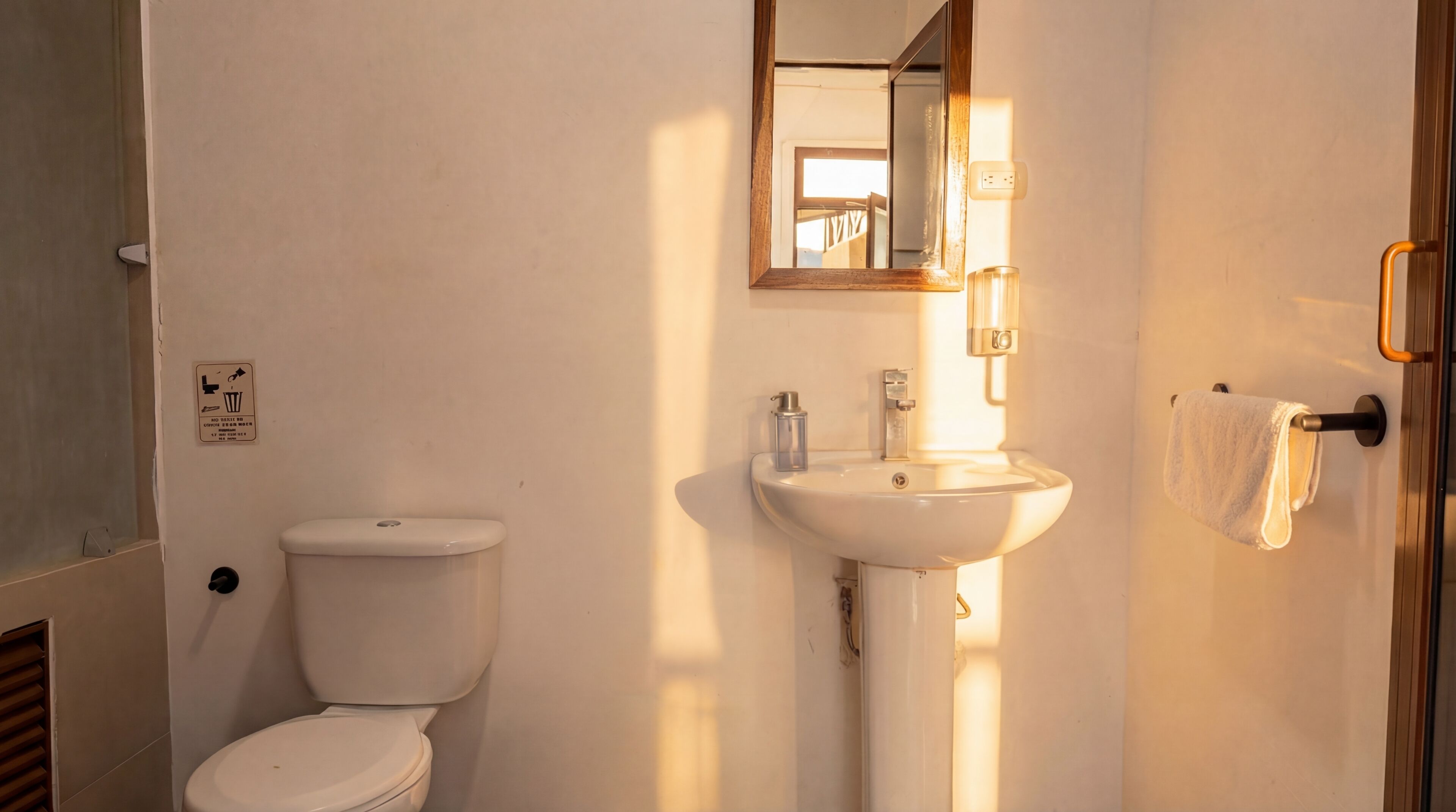A bathroom with a toilet, sink, and mirror.