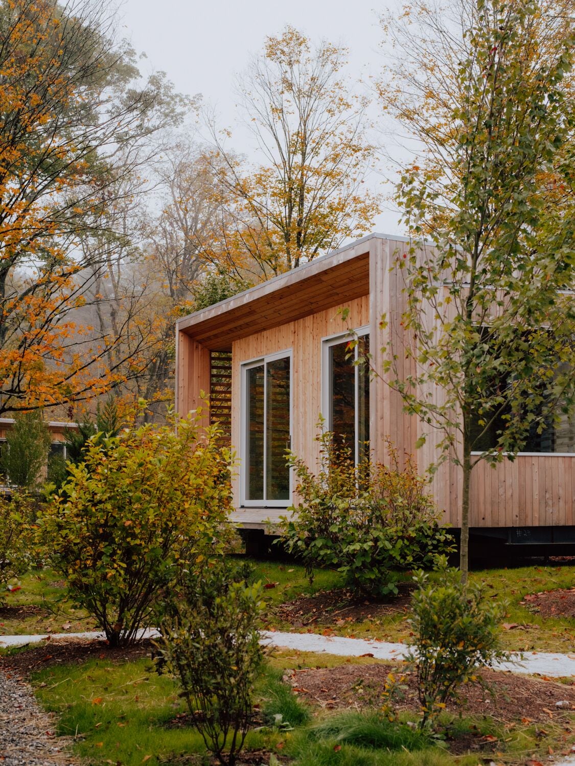 A modern wooden cabin with large windows, surrounded by a garden and trees.