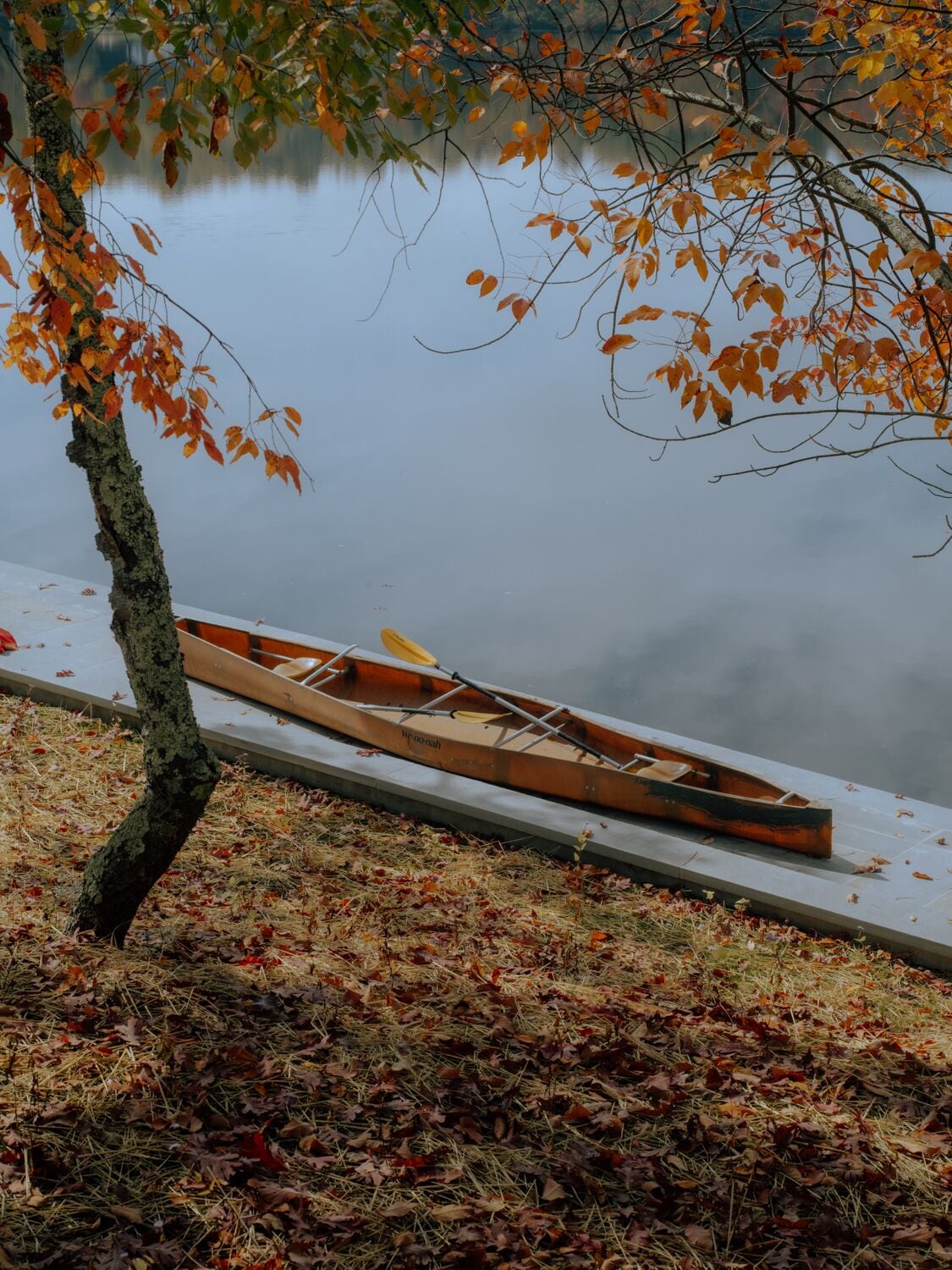 A canoe on a dock by a calm lake with autumn leaves on the ground.