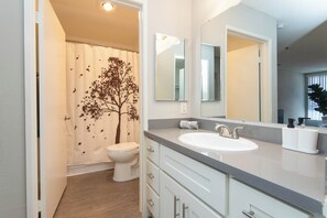 Hair dryer, towels, soap, toilet paper