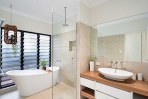 Hair dryer, towels, soap, toilet paper