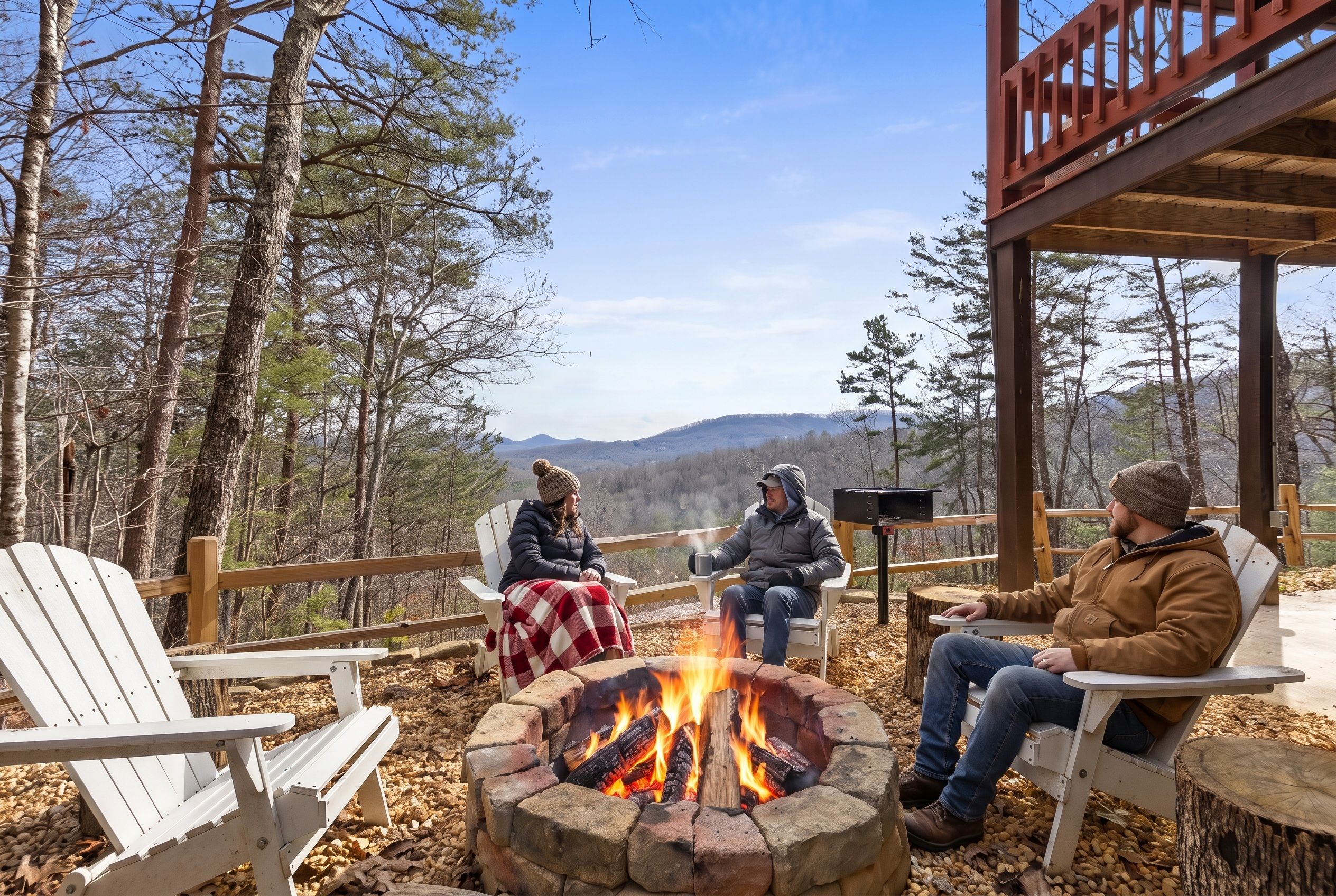 Gather in the Adirondack chairs around the fire pit as the mountains fade to dusk. A starter is provided; bring firewood for a long fireside evening.