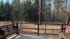 A wooden deck with benches, surrounded by a metal railing, overlooking a forested area. - Private, secluded 2-bedroom house with King, Queen beds near Cable with WiFi, AC (Cable)