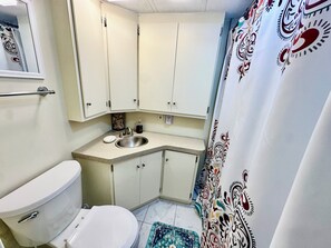 Shower, hair dryer, towels