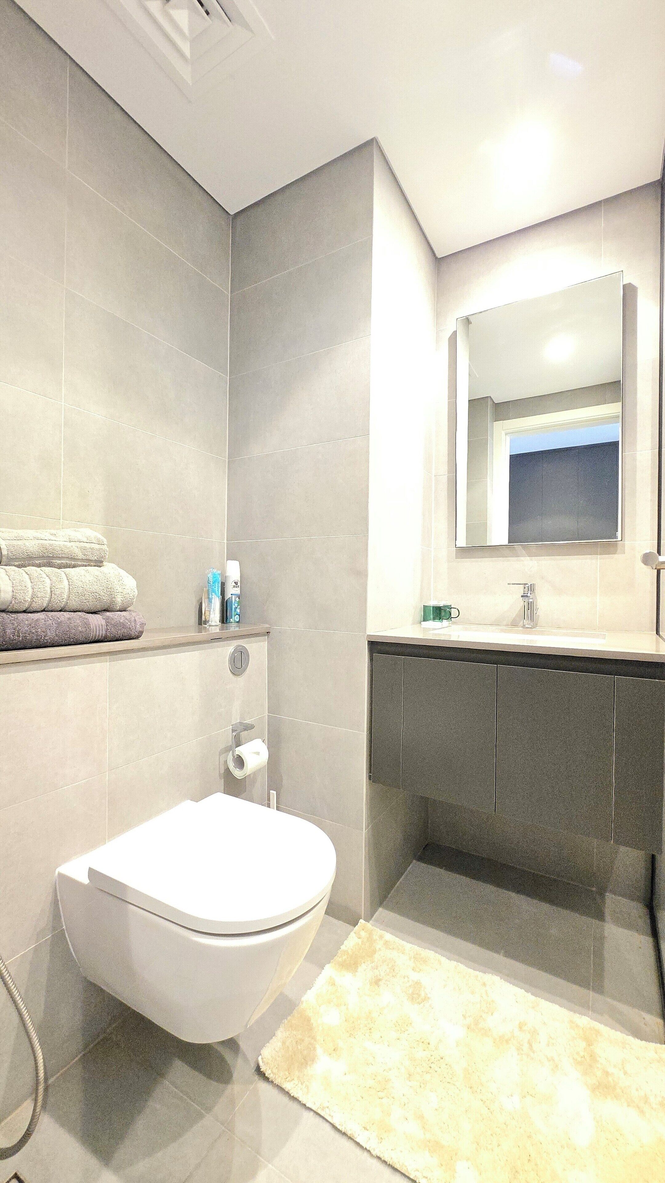 Ein modernes Badezimmer mit Toilette, Waschbecken mit Spiegel darüber und Handtuchhalter mit gefalteten Handtüchern.
