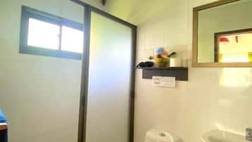 Chuveiro, secador de cabelo, toalhas de banho, sabonete