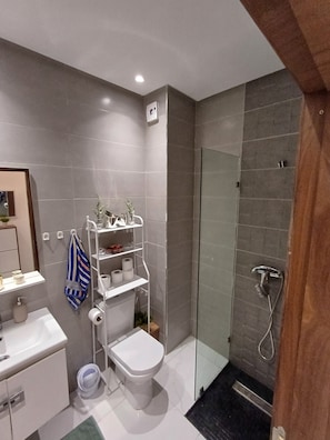 Een douche, handdoeken, zeep, toiletpapier