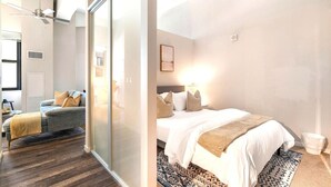 Une chambre moderne avec un grand lit, un canapé et une porte-fenêtre coulissante donnant sur un balcon.