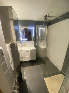 Hair dryer, towels, soap, toilet paper