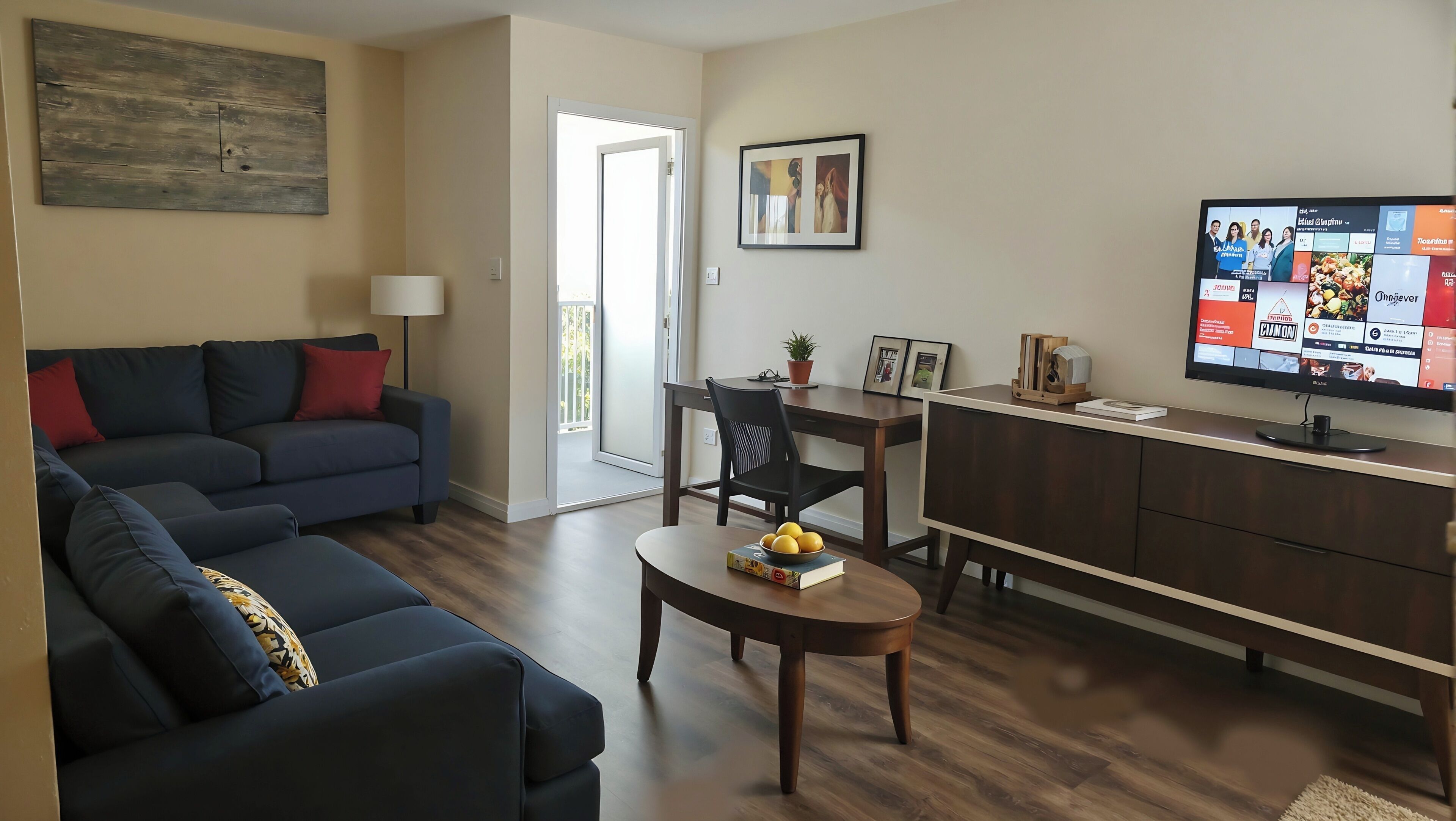 A modern living room with a dark blue sofa, a small round table with a book and fruit, a wooden dining table with chairs, and a TV on a stand.