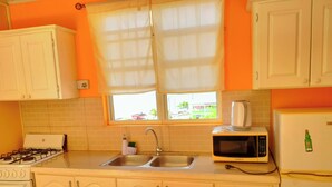 Una cucina con piano cottura a gas, lavello, forno a microonde e mobili.