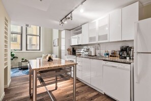 Fridge, microwave, oven, stovetop