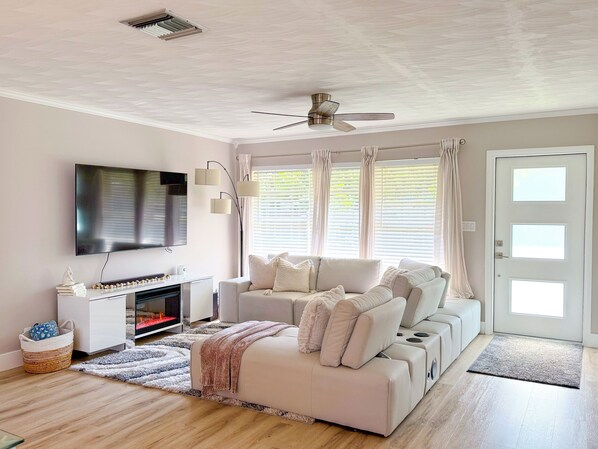 Smart TV, fireplace, computer monitors, printers