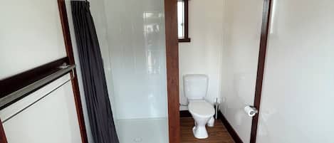Regadera, toallas, jabón, papel de baño
