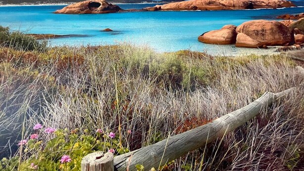 A coastal landscape with prominent red rock formations and a clear blue sea. - Dempster House Esperance (Esperance)