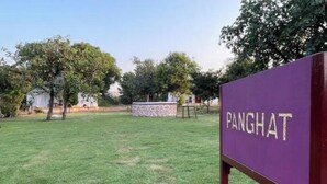 Un letrero con la palabra "PANGHAT" sobre un fondo púrpura, frente a una zona verde con árboles y una estructura de piedra al fondo.