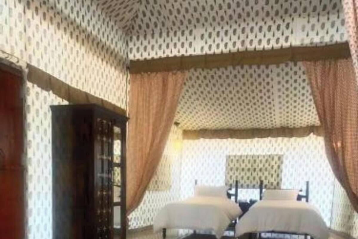 Una habitación de hotel con alfombra a rayas, una cama, un escritorio con computadora y una estantería.