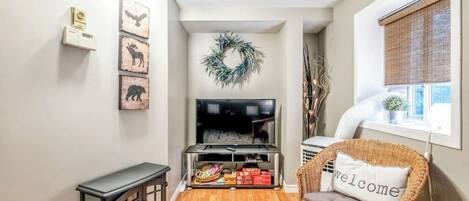 TV connectée, cheminée, livres