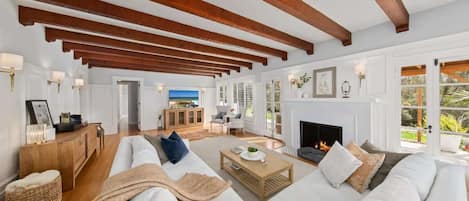 TV, fireplace, books