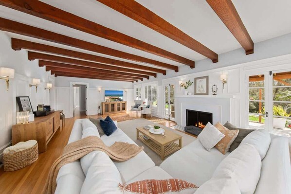 TV, fireplace, books