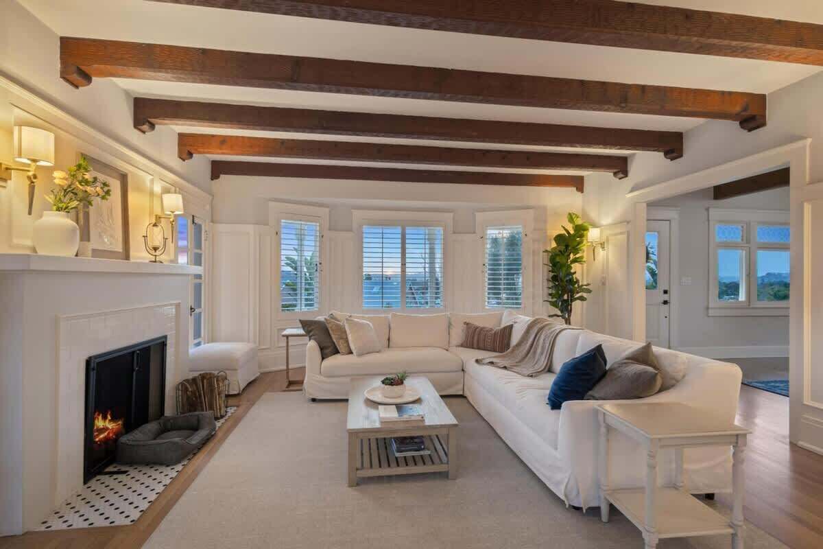 TV, fireplace, books