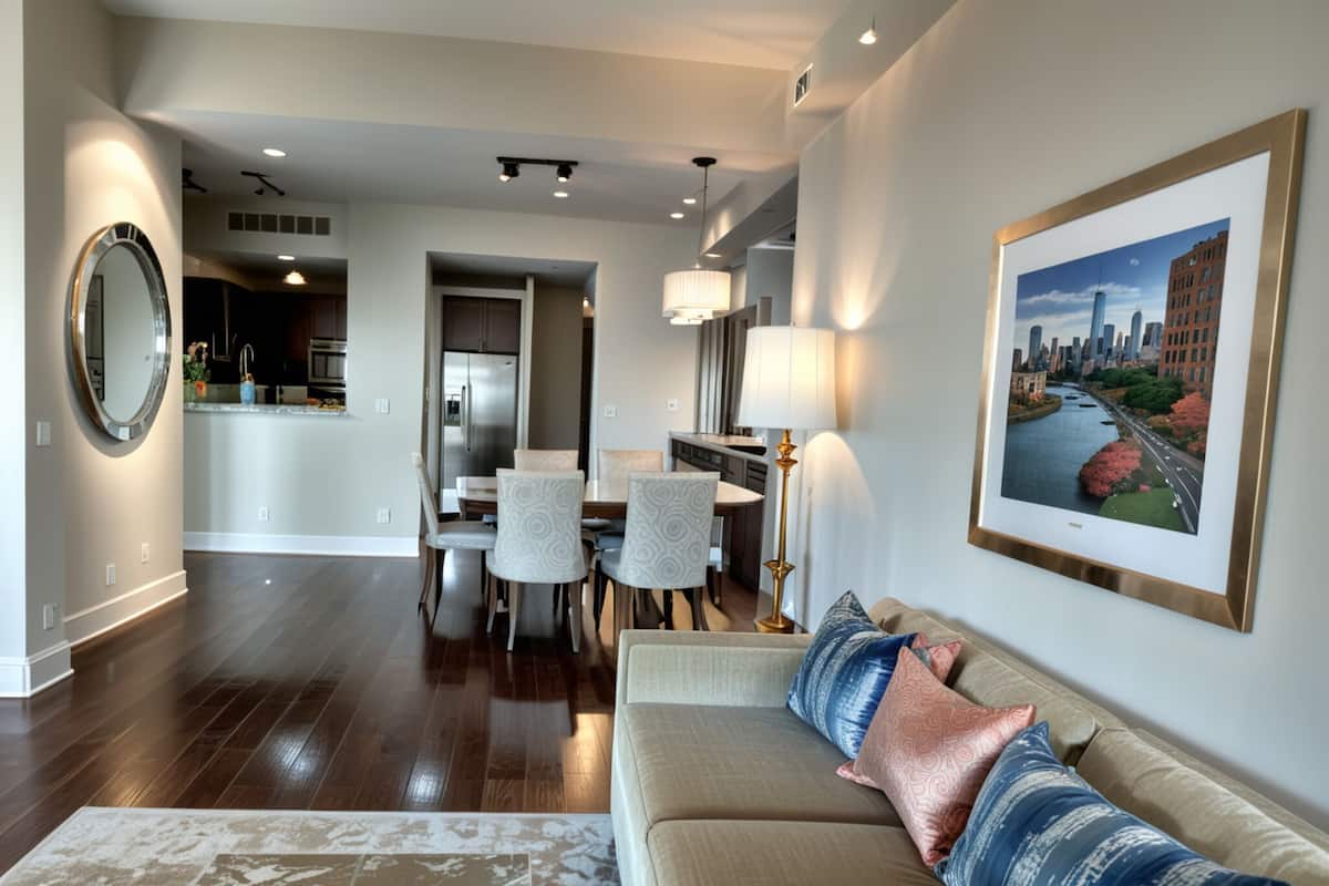 Een moderne woonkamer met een bank, een eethoek met stoelen, een keuken op de achtergrond en een stadsgezicht in een lijst aan de muur.