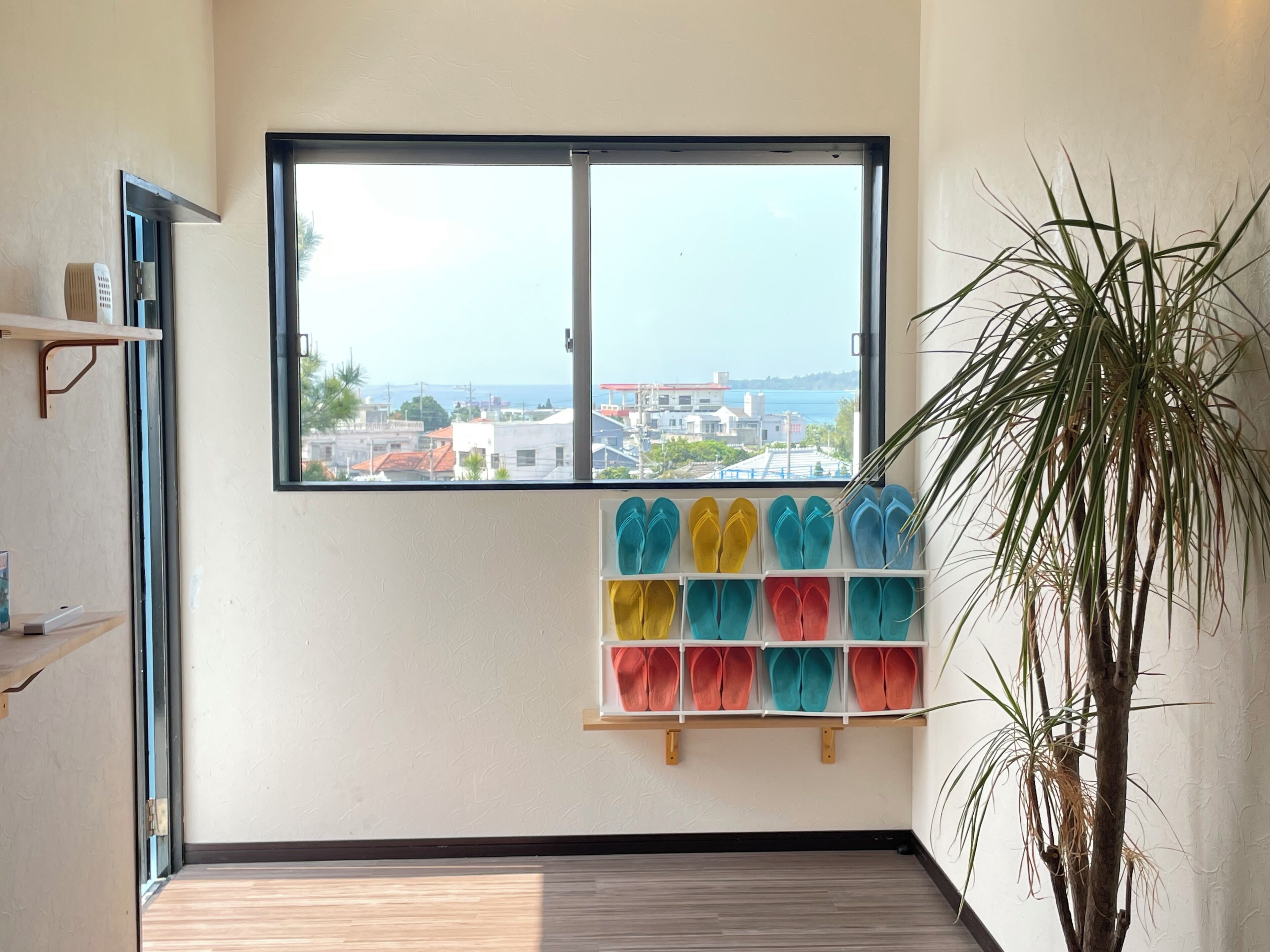 Ein Zimmer mit einem großen Fenster, einer Pflanze und einem Schuhregal mit bunten Hausschuhen.