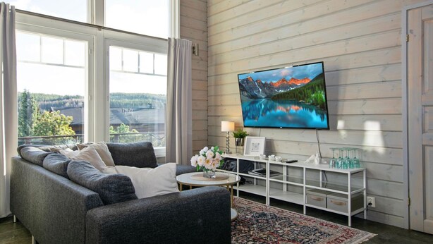 Una sala de estar moderna con un amplio ventanal, un sofá gris, un televisor de pantalla plana y una alfombra decorativa.