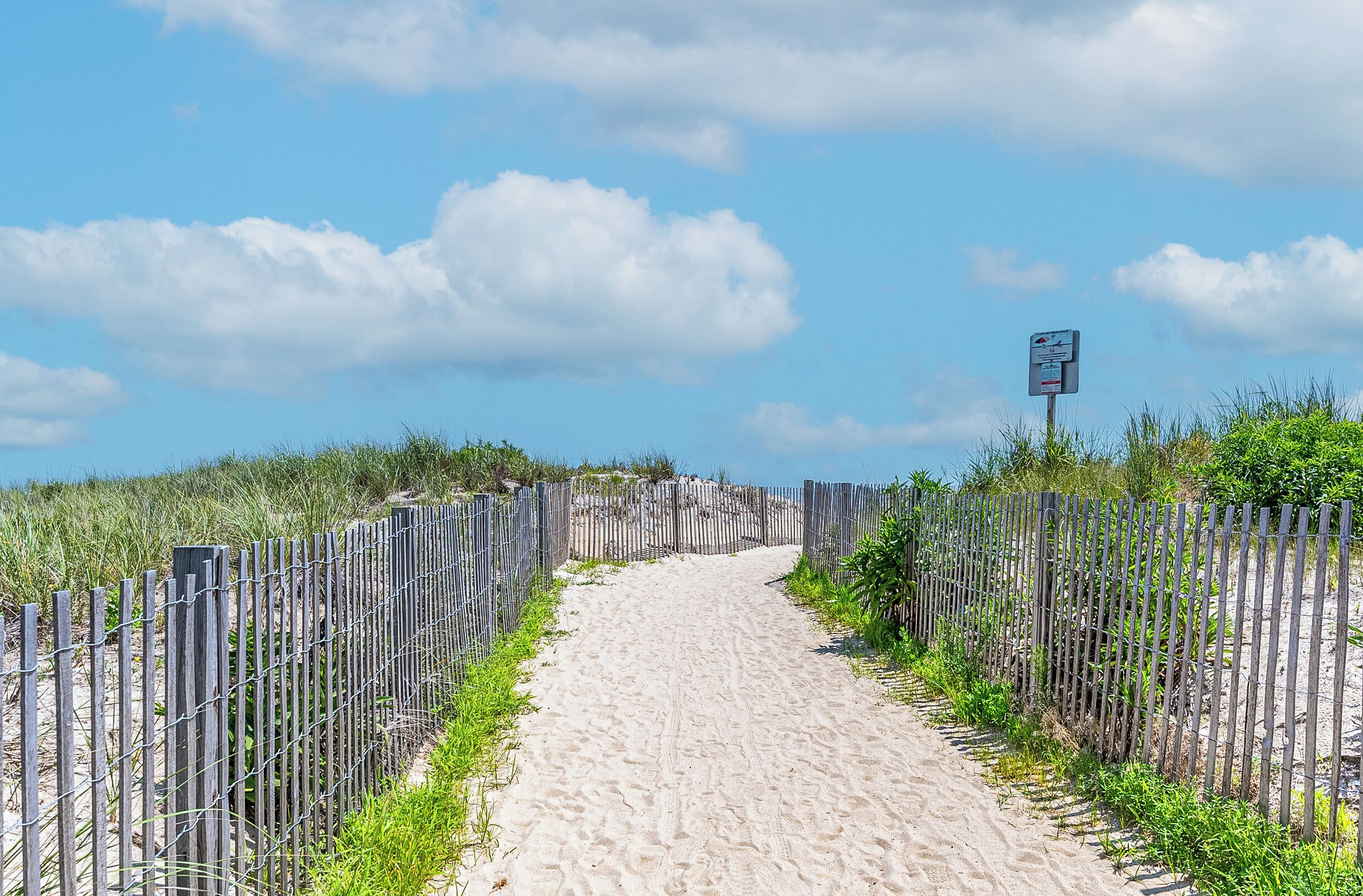Un sendero arenoso bordeado por vallas de madera que conduce a una playa.