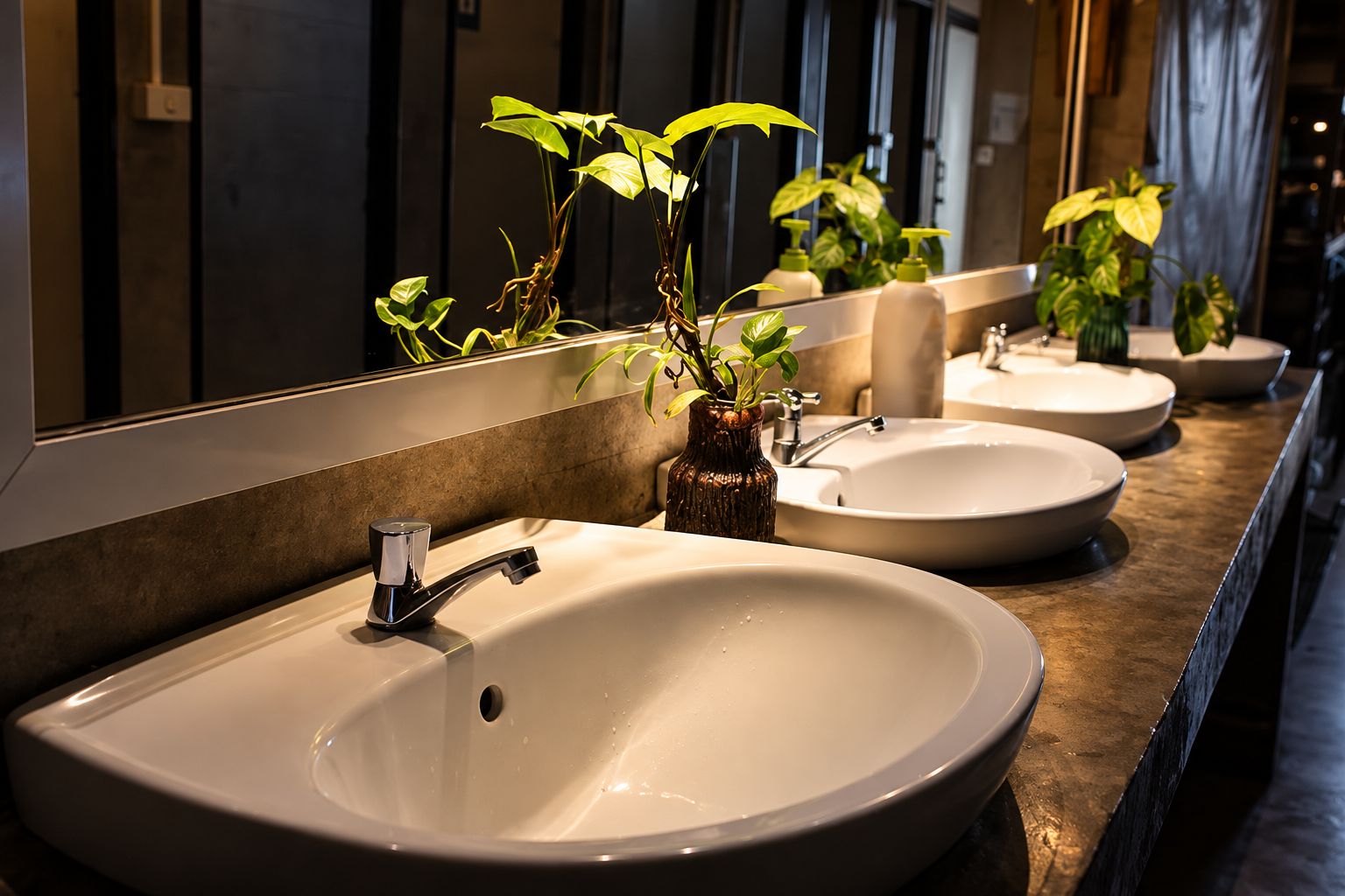 Ein Badezimmer mit drei Waschbecken, einem Spiegel und Topfpflanzen.