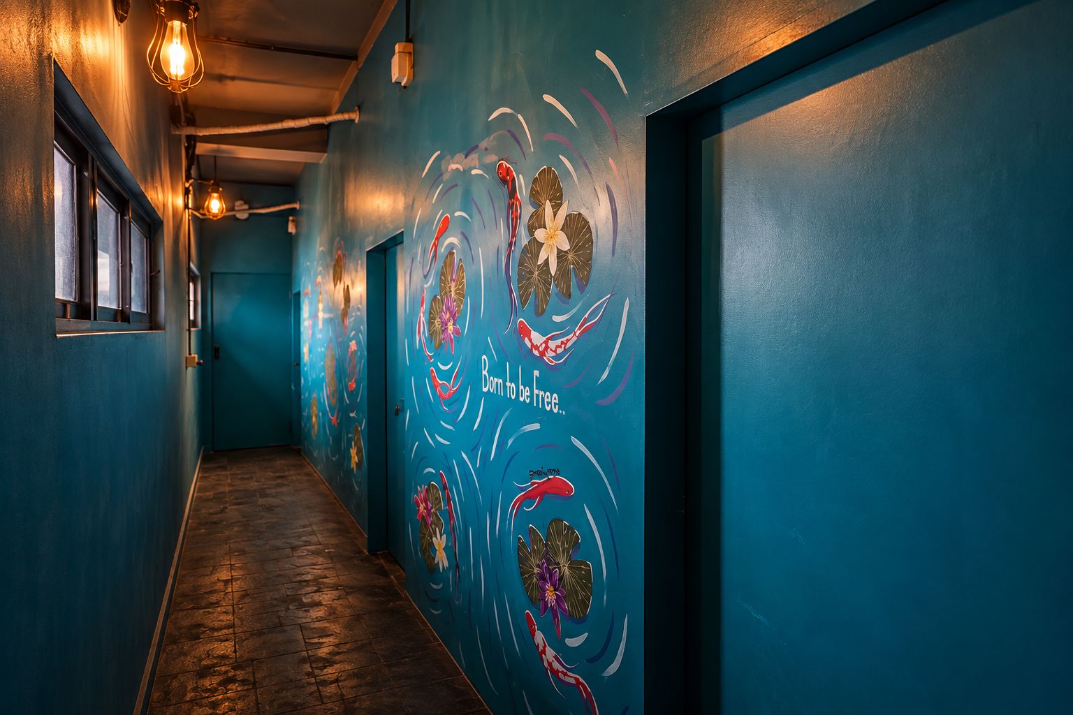 Un passadís amb parets de color turquesa, un terra de fusta i decoració mural amb carpes i flors.