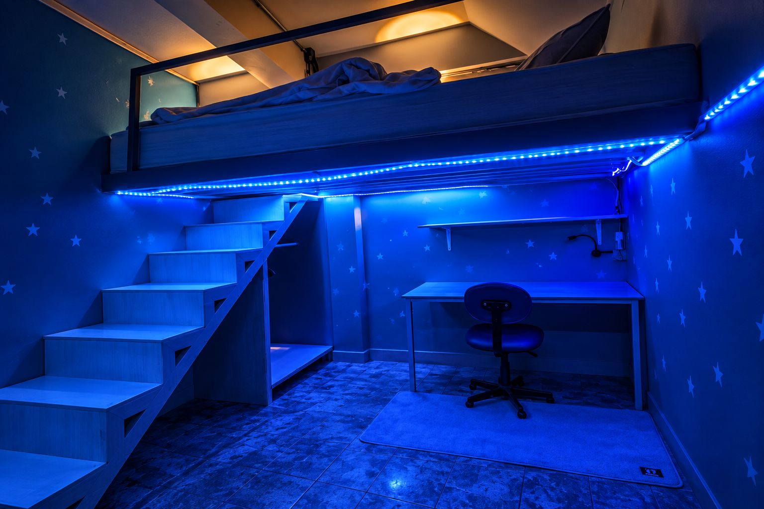 A room with a bunk bed, a desk, and a chair, with blue LED lighting.