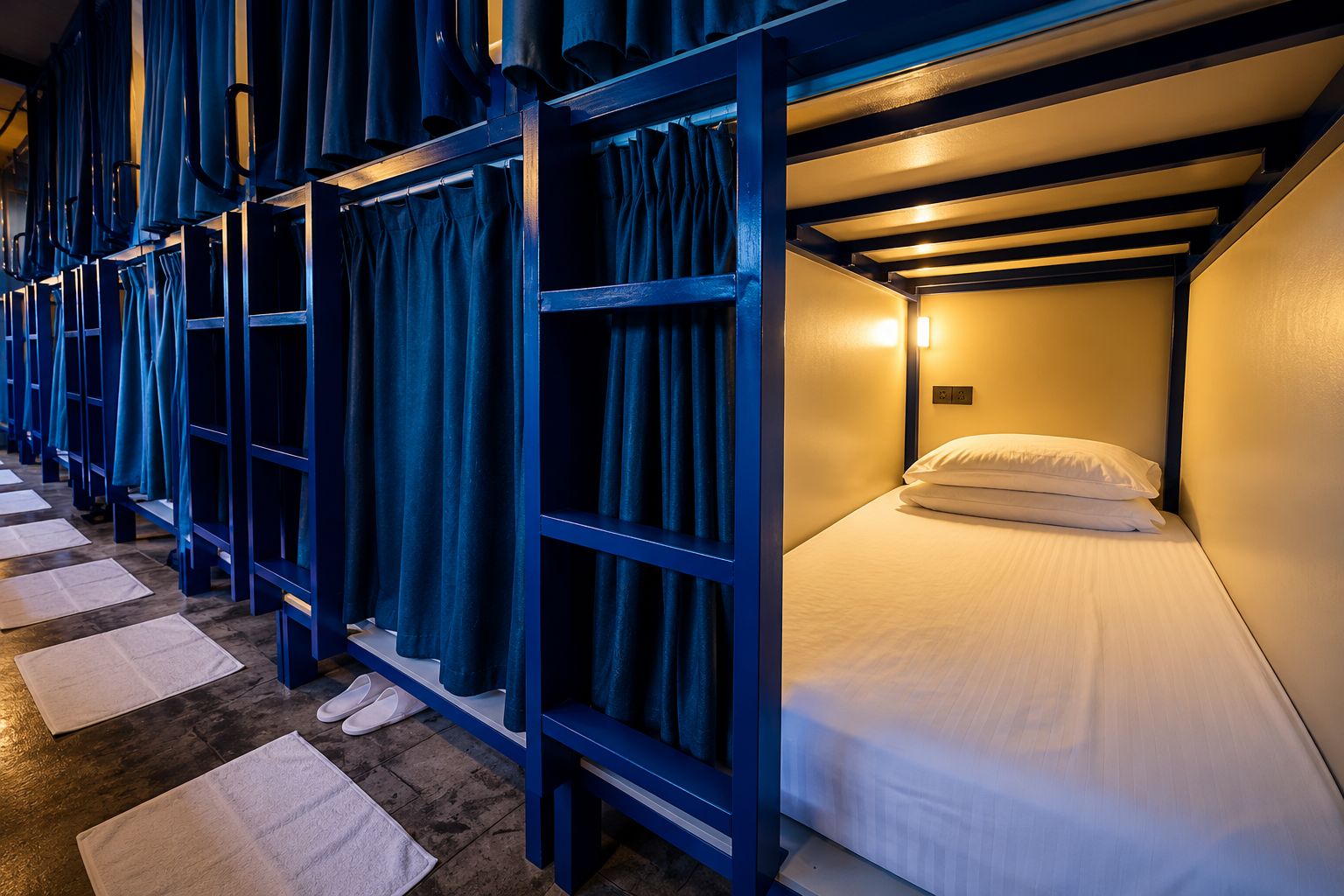 A room with bunk beds, a small bedside table, and a wall-mounted light.