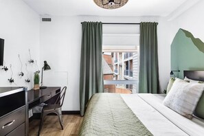 1 bedroom, desk, iron/ironing board, travel cot