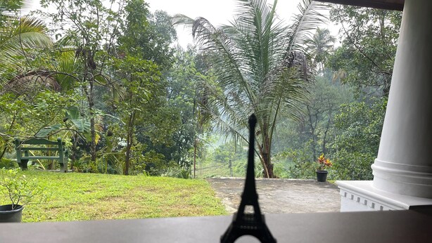 A view through a window with a statue of the Eiffel Tower, a bench, and lush greenery. - Eagles Eco Lodge - Kandy (Teldeniya)