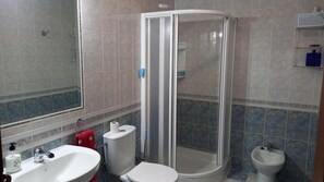 Shower, hair dryer, bidet, towels